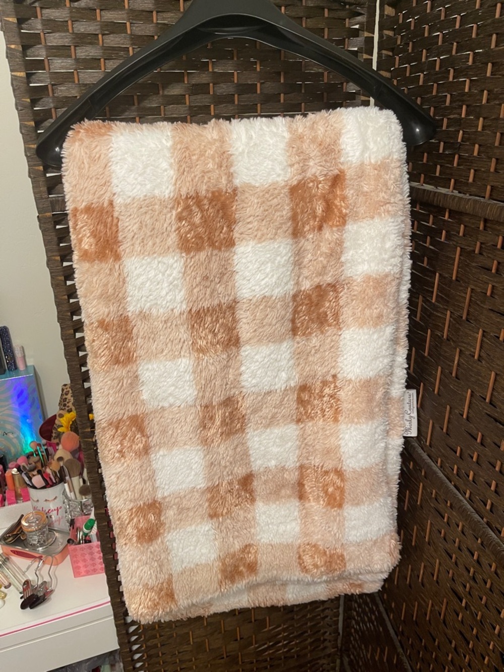 Minky Couture Travel Cozy Checkered Plush Throw Blanket - Cream & Tan